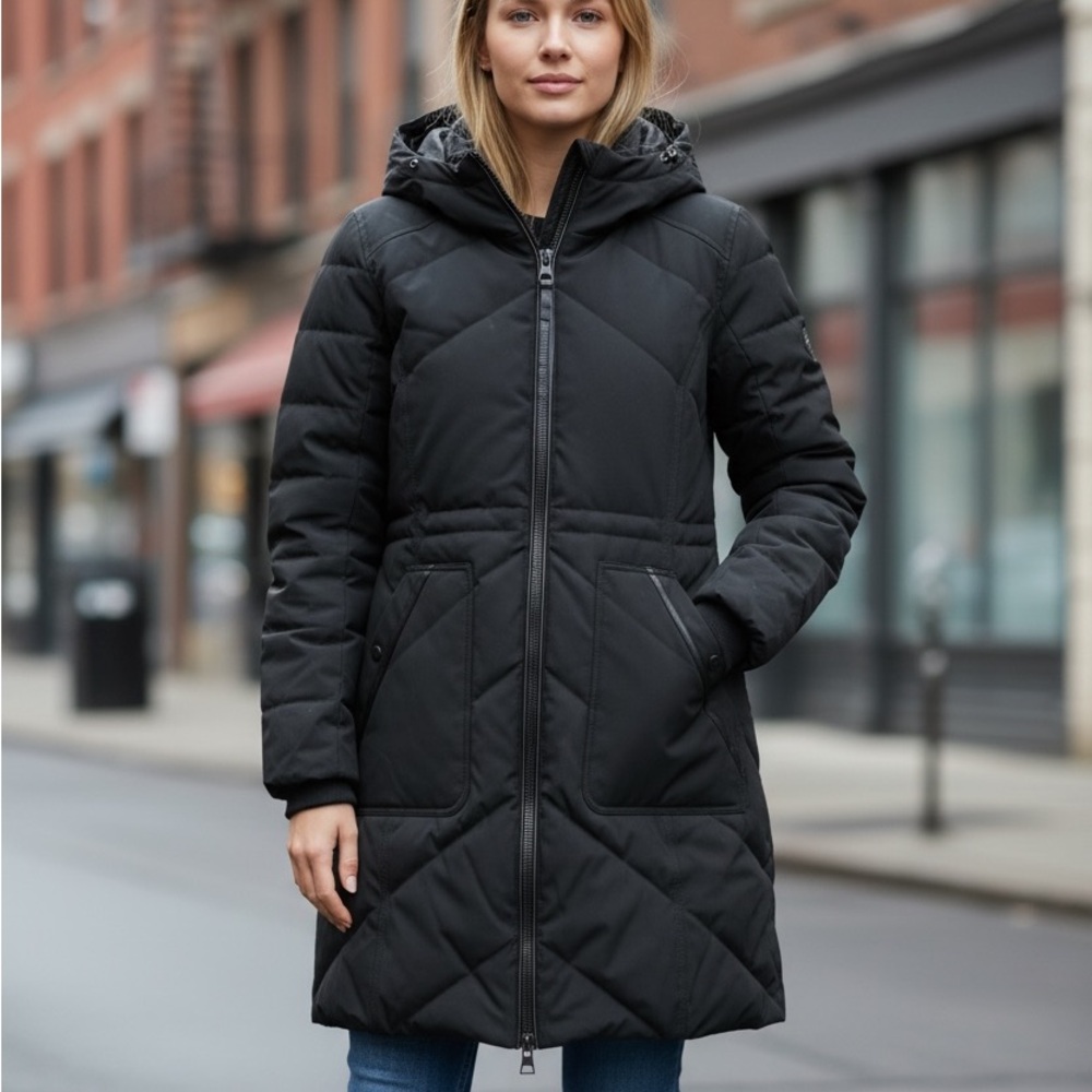 Guess Black Quilted Jacket w/ attached hood. Size medium